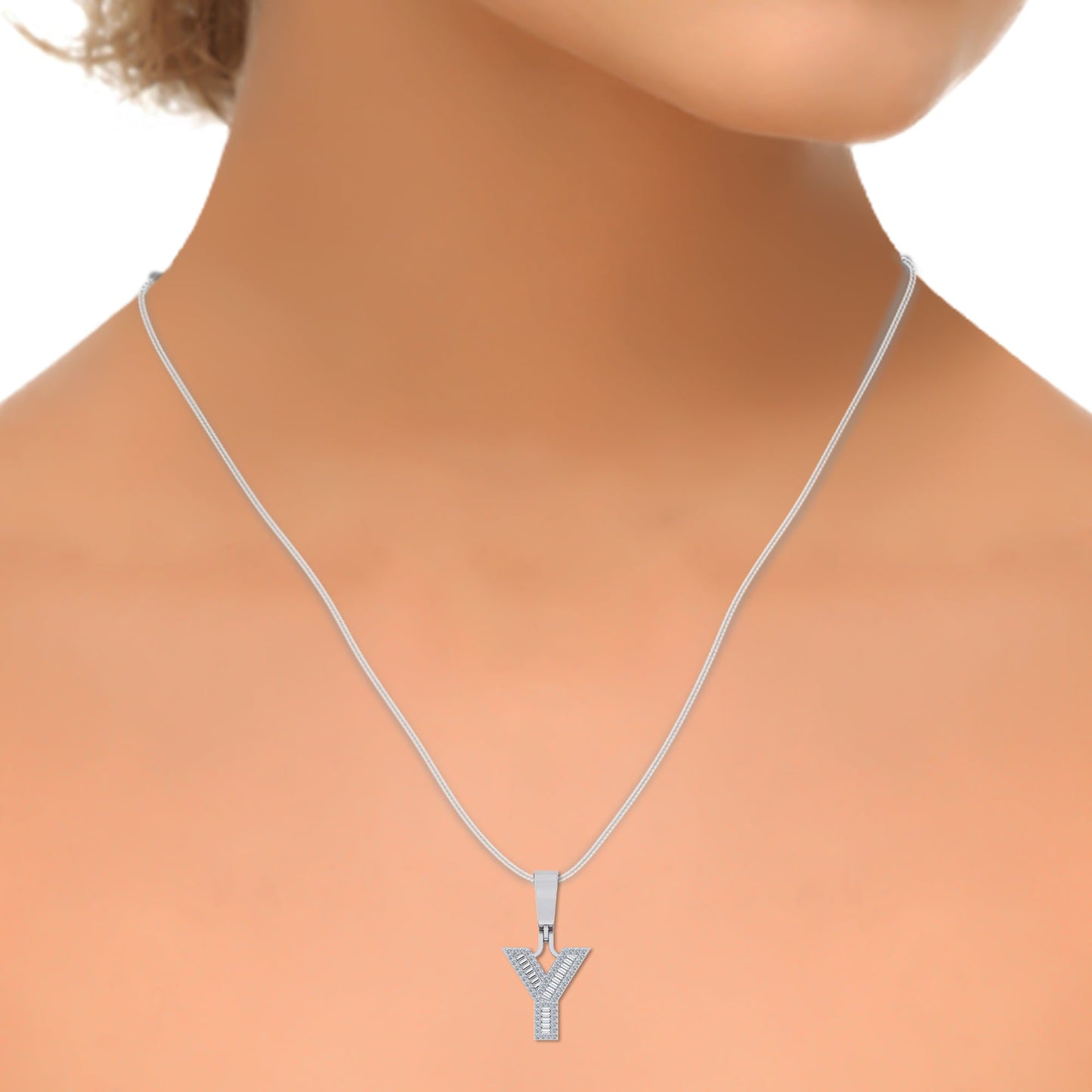 10K White Gold Baguette Initial Y Pendant 1/4 Cttw