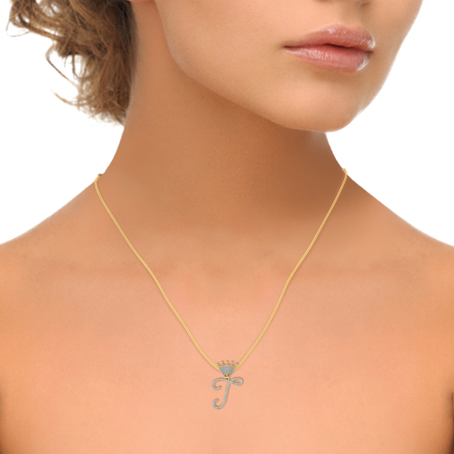 10K Yellow Gold Round Diamond Crown T Letter Initial Pendant 1/5 Cttw