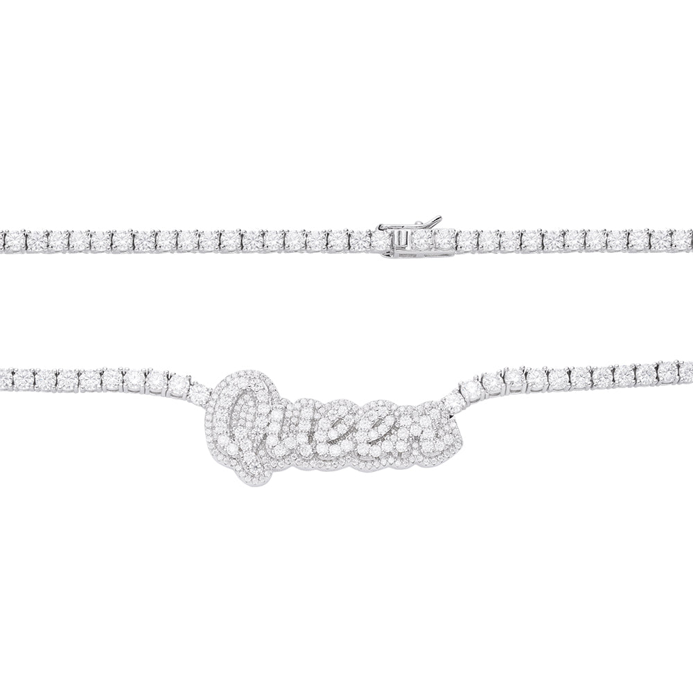 S.Silver Round Moissanite Queen Word Designer 18 Inch Necklace RP 15-5/8 Cttw