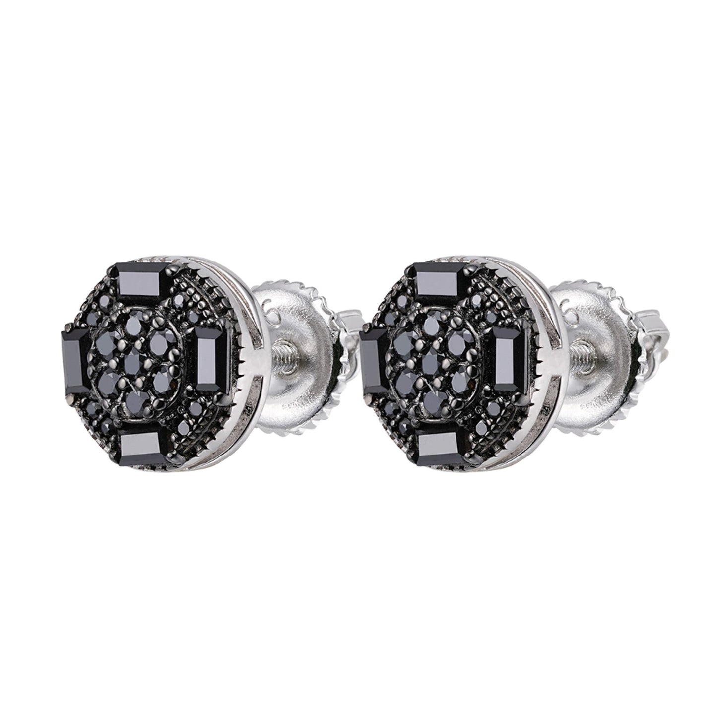 S.Silver Round Baguette Black Moissanite Stud Earrings BP+RP 5/8 Cttw