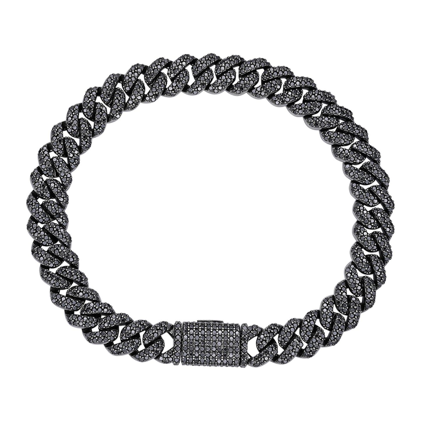 S.Silver 8mm Round Black Moissanite Miami Cuban 8 Inch Mens Bracelet BP+BP 5 Cttw