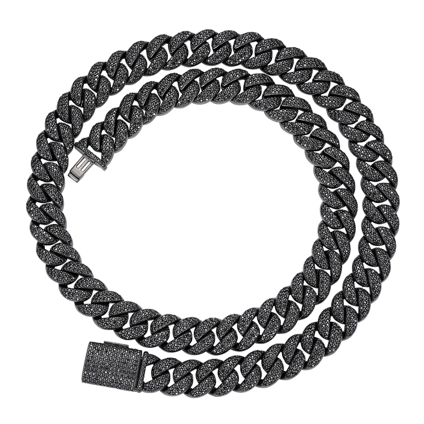 S.Silver 12mm Round Black Moissanite Miami Cuban Chain 22 Inch Mens Necklace BP+BP 19-5/8 Cttw