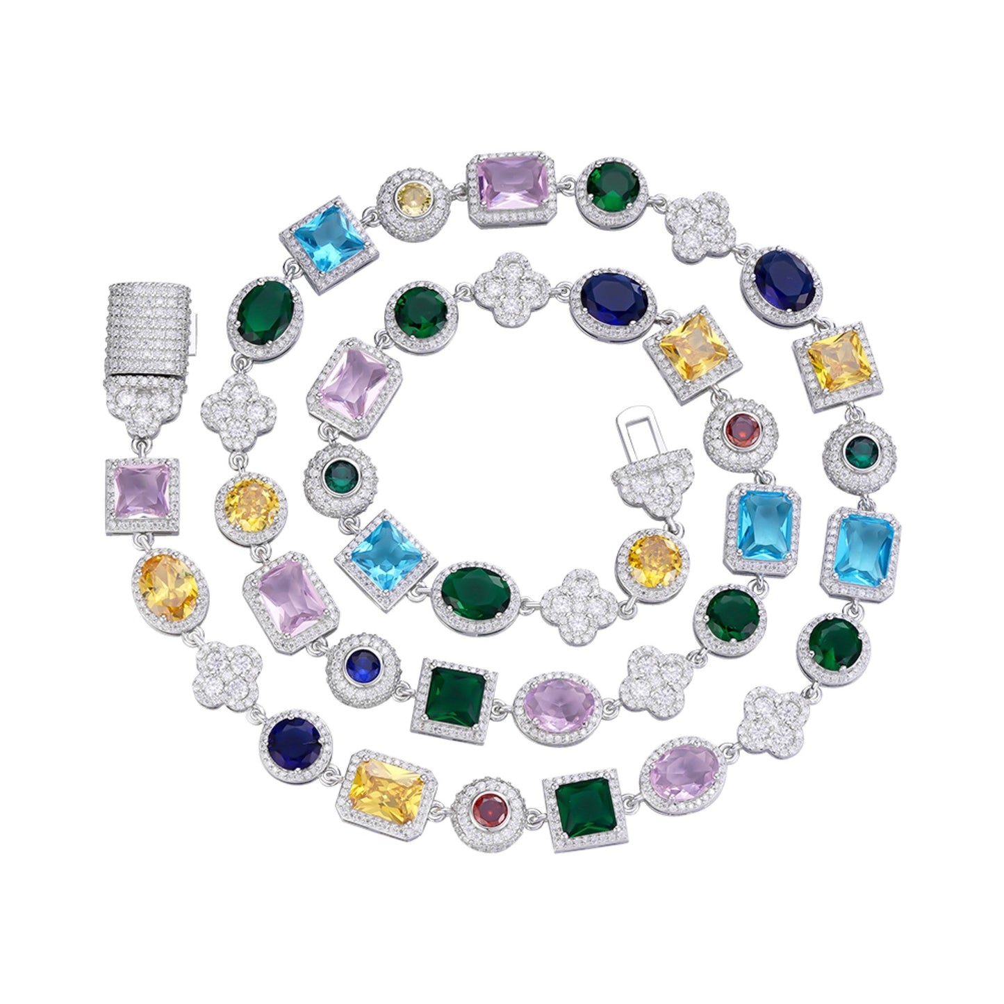 S.Silver Round Moissanite 4 Stone Flower with Color Stone Designer 22 Inch Necklace RP 12-5/8 Cttw