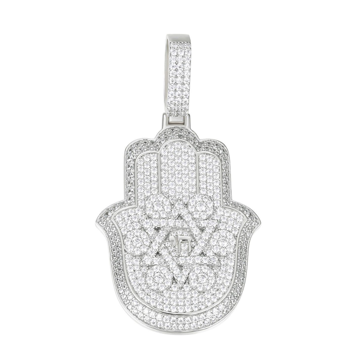 S.Silver Round Moissanite Hamza Hand Religious Pendant RP 3-5/8 Cttw