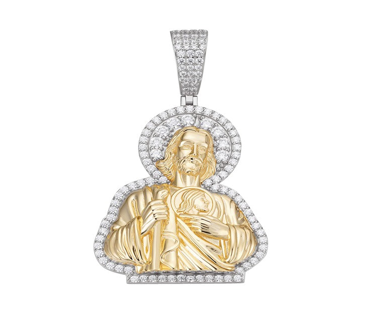 S.Silver 45mm Round Moissanite Jesus Religious Pendant RP+GP 3-3/4 Cttw