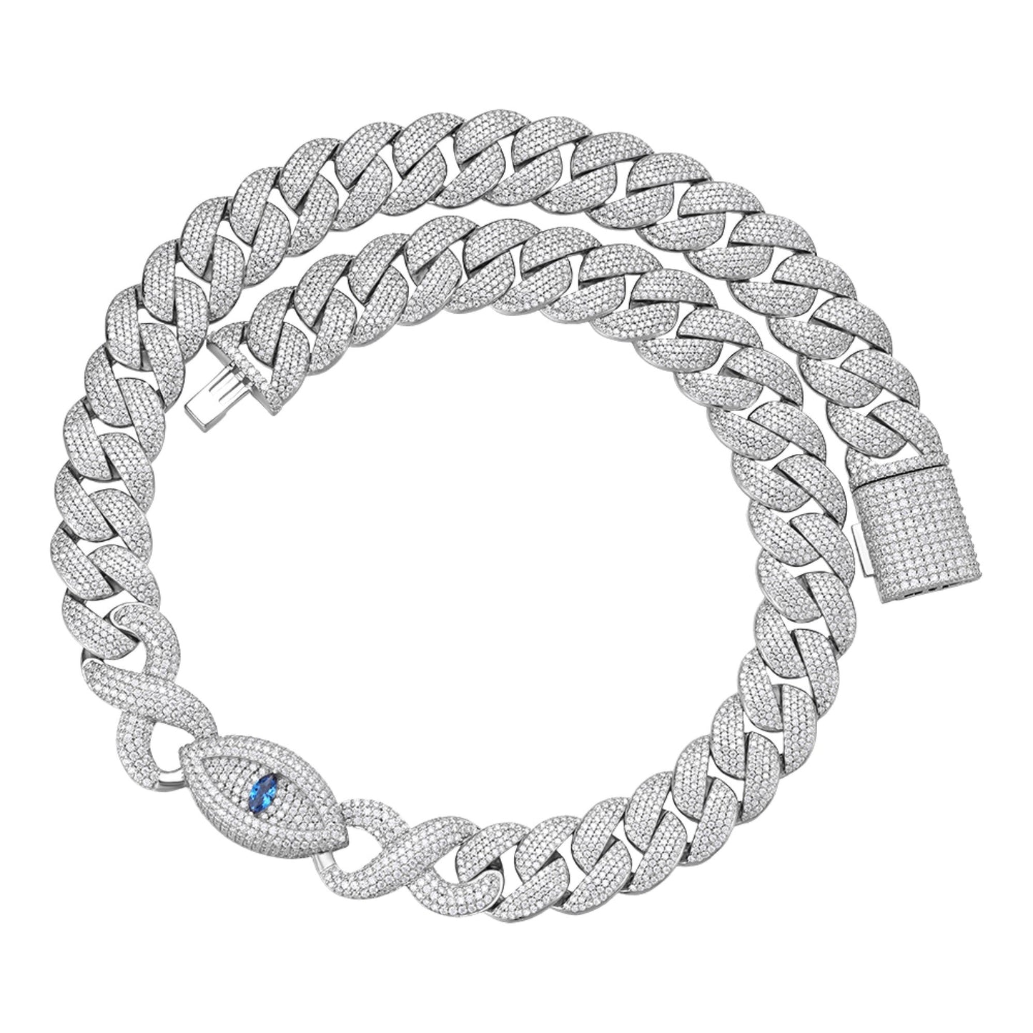 S.Silver Round Moissanite 18mm Inifinity Cuban With Evil Eye Designer 22 Inch Mens Necklace RP 35-3/4 Cttw