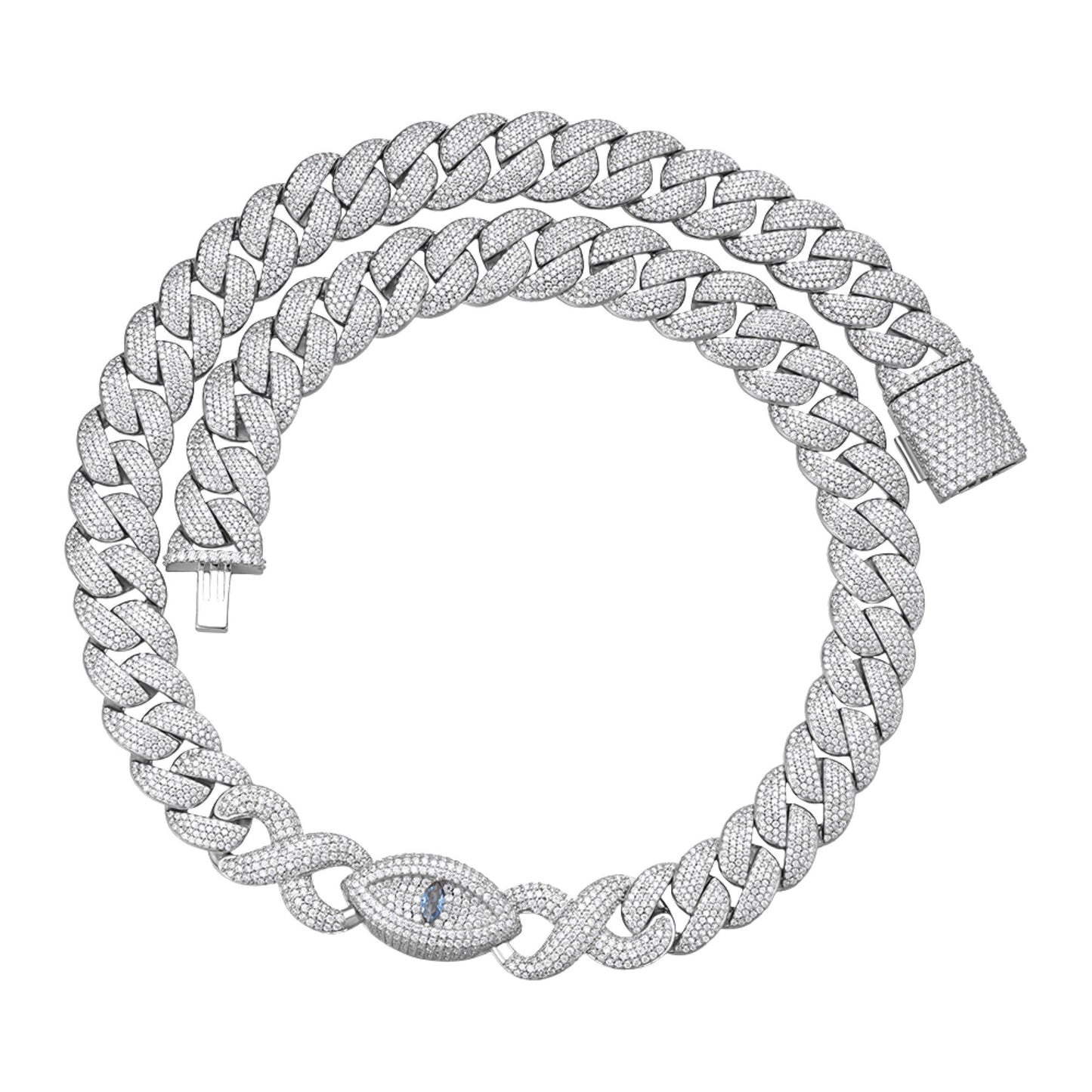 S.Silver Round Moissanite 15mm Inifinity Cuban With Evil Eye Designer 22 Inch Mens Necklace RP 35-3/4 Cttw