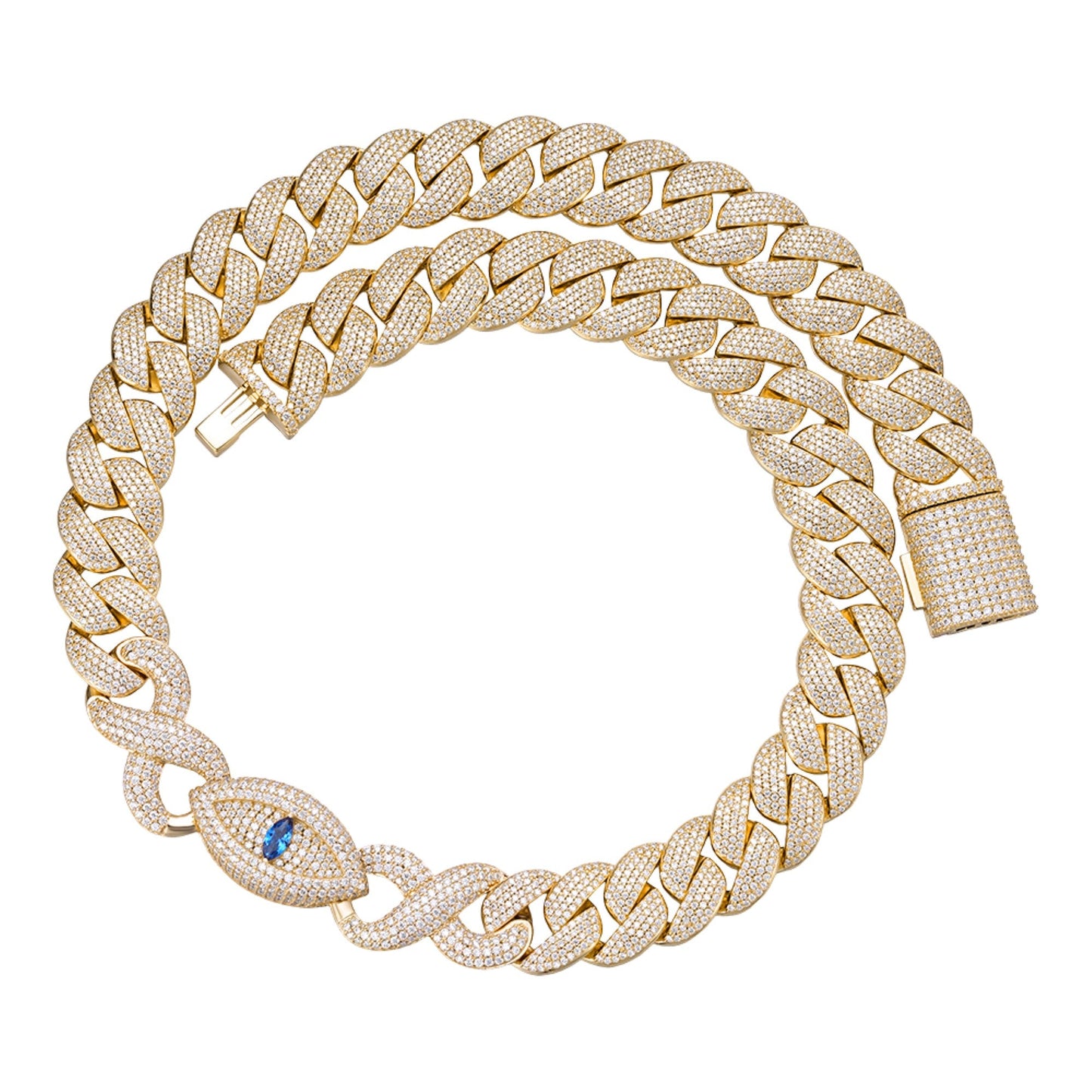 S.Silver Round Moissanite 18mm Inifinity Cuban With Evil Eye Designer 22 Inch Mens Necklace GP 35 Cttw