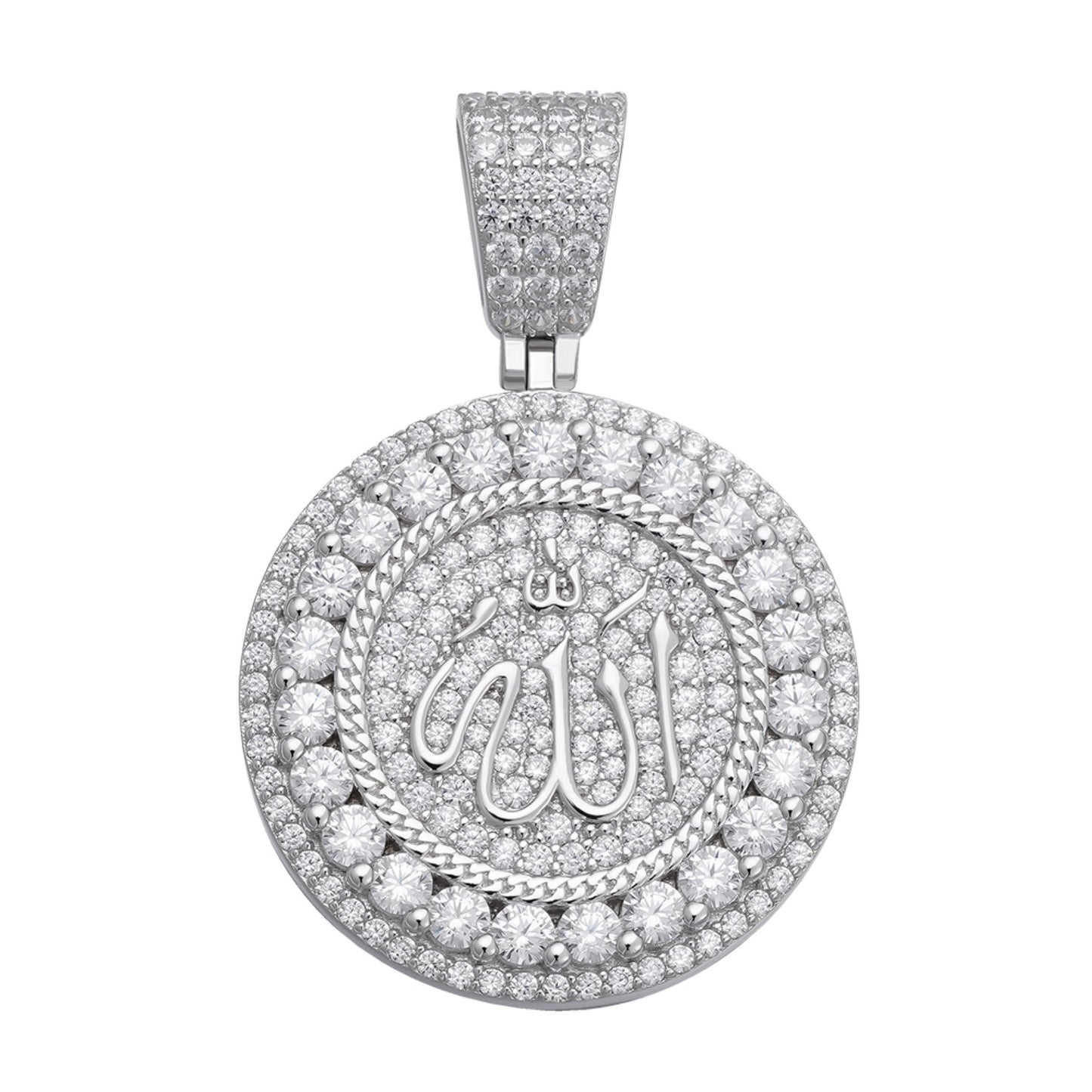 S.Silver 35mm Round Moissanite Muslim God Allah Religious Pendant RP 8 Cttw