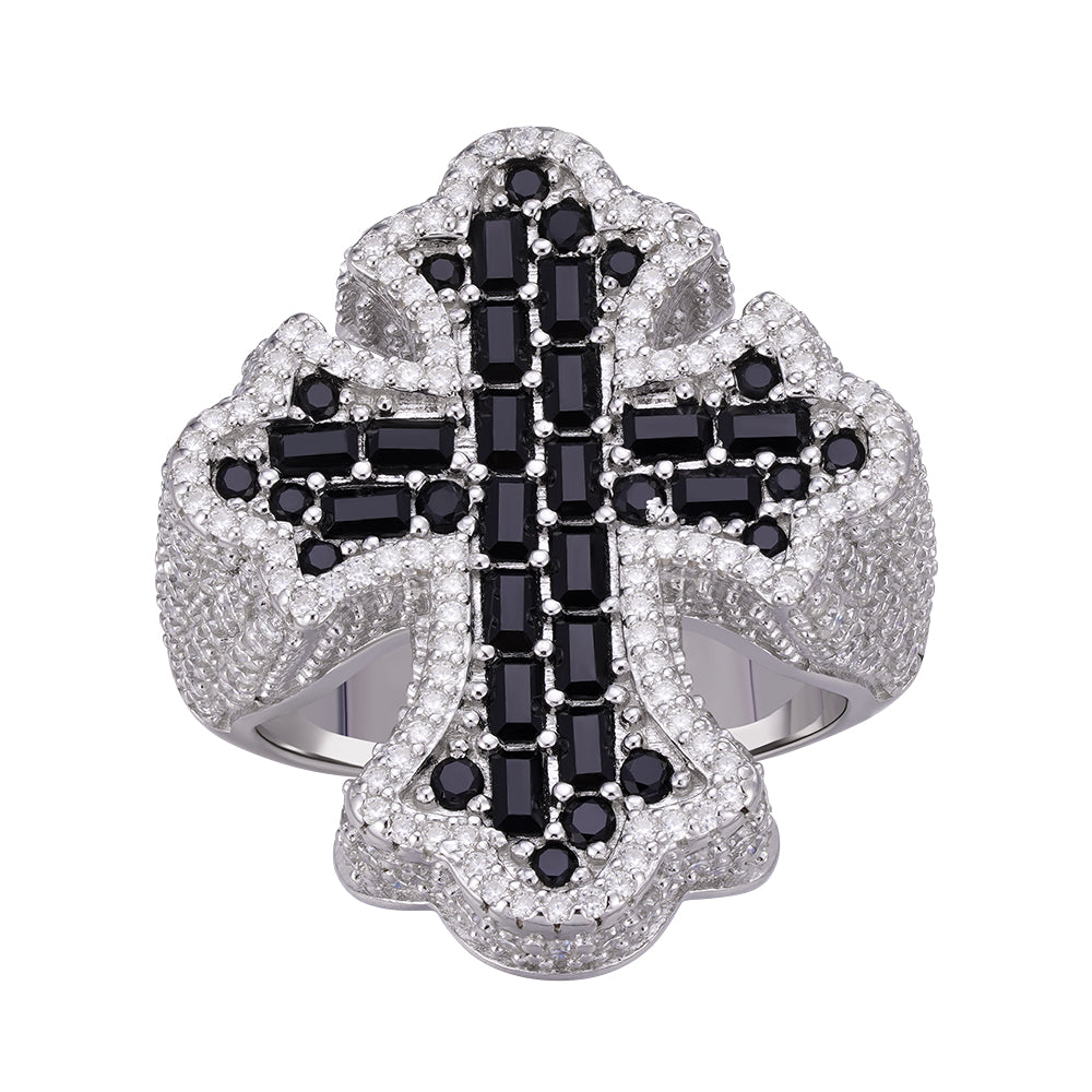 S.Silver Round Moissanite With Black CZ Mens Cross Religious SZ 10 Ring RP 2-5/8 Cttw
