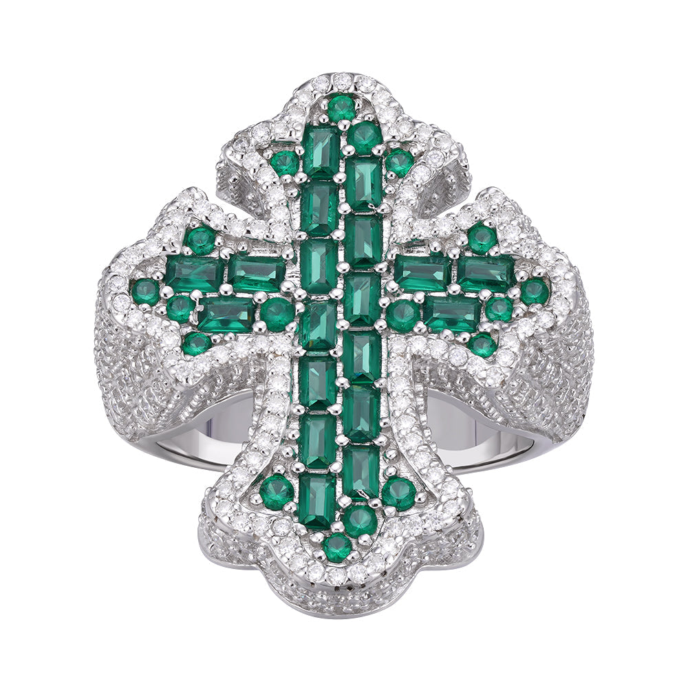 S.Silver Round Moissanite With Emerald CZ Mens Cross Religious SZ 10 Ring RP 2-5/8 Cttw