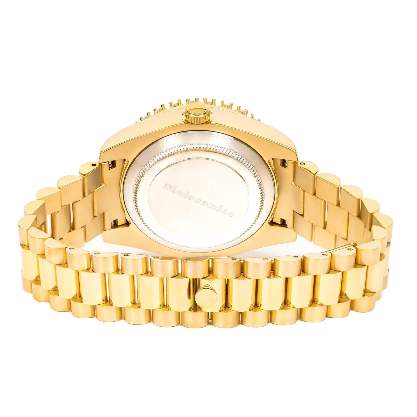 Moissanite Stainless Steel Black Dial Mens Yellow Steel Band Watch