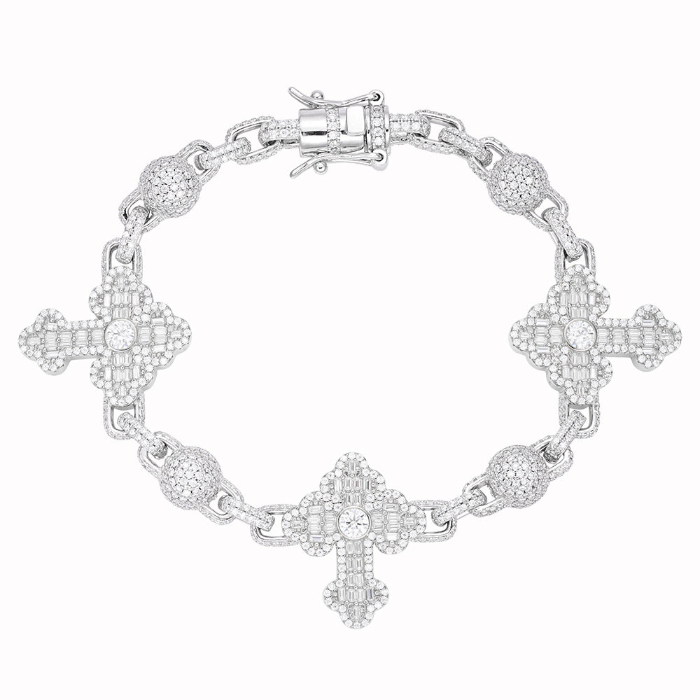S.Silver Round Baguette Moissanite Cross Religious 8 Inch Bracelet RP 10-1/6 Cttw