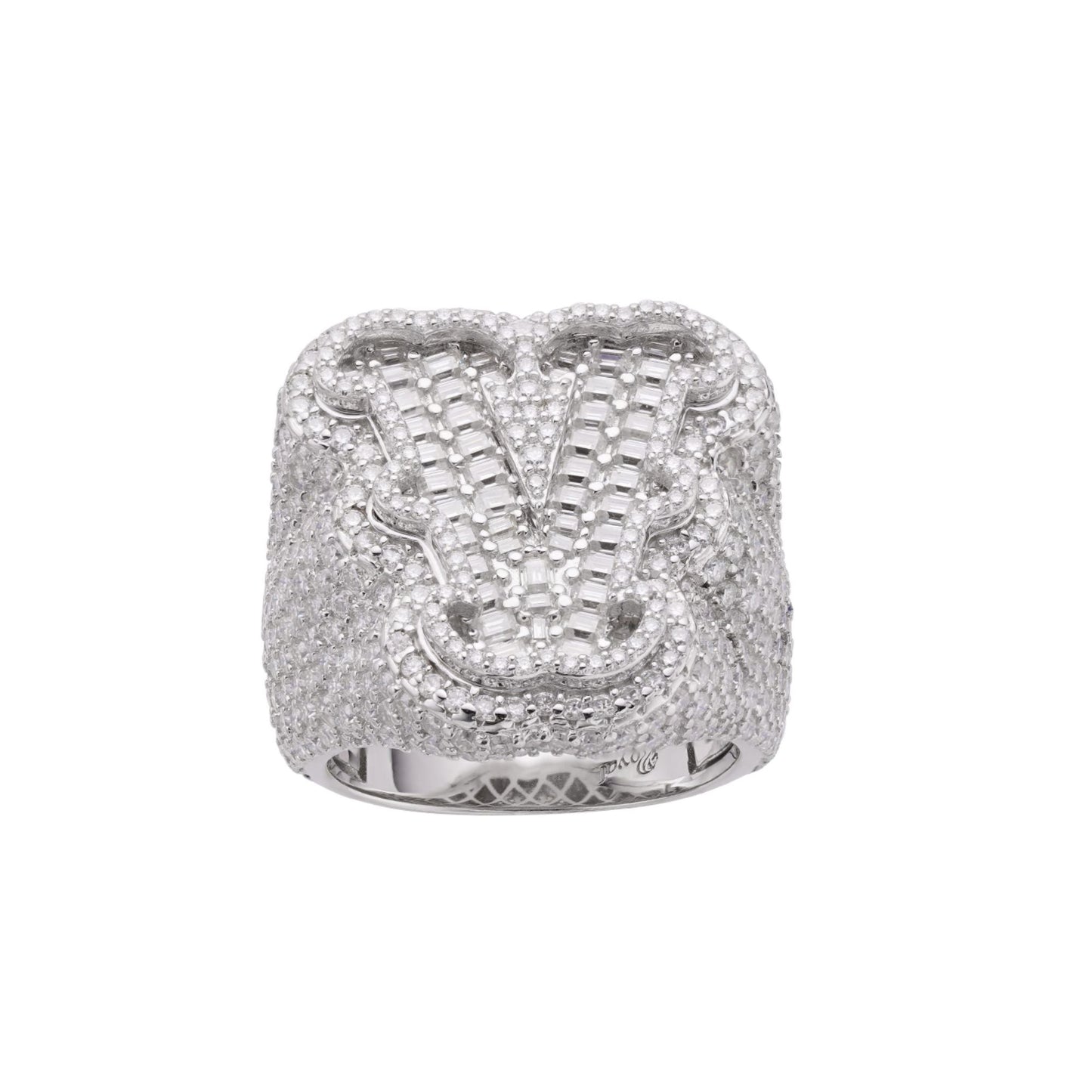 S.Silver Round Baugette Moissanite Albhabet V letter Initial SZ 10 Mens Ring RP 7-1/2 Cttw