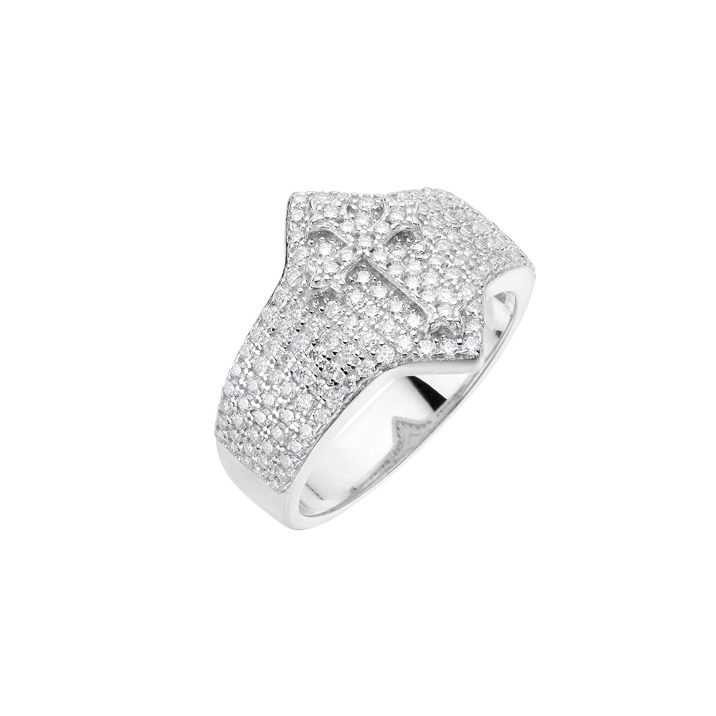 S.Silver Round Moissanite Cross Religious Sz 9 Mens Ring RP 1-1/5 Cttw