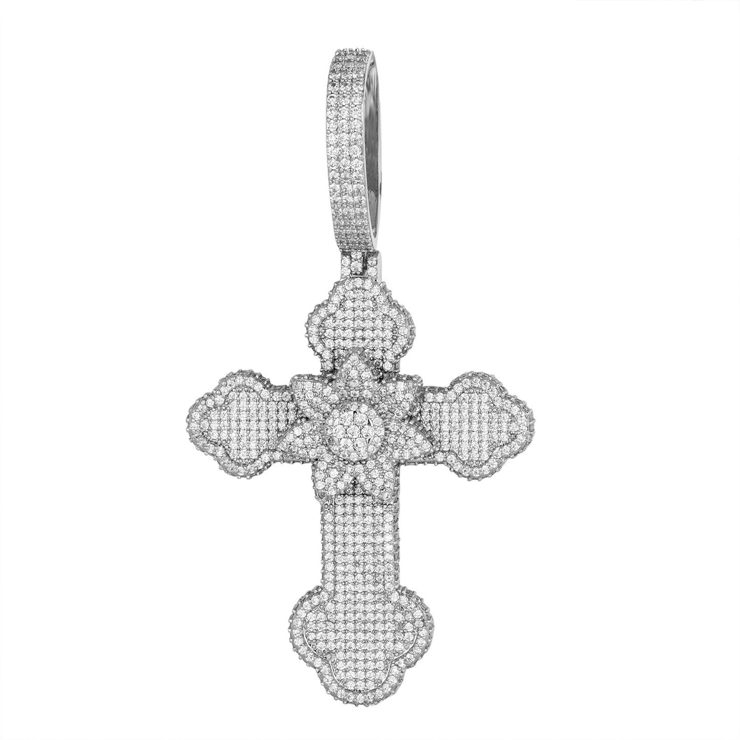S.Silver Round Moissanite Flower Cross Religious Pendant RP 5-1/2 Cttw