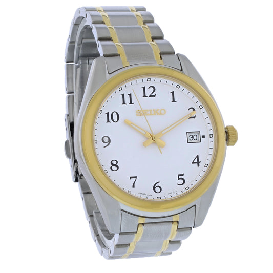 Seiko Essentials Mens Two Tone Stainless Steel White Dial Quartz Watch SUR466