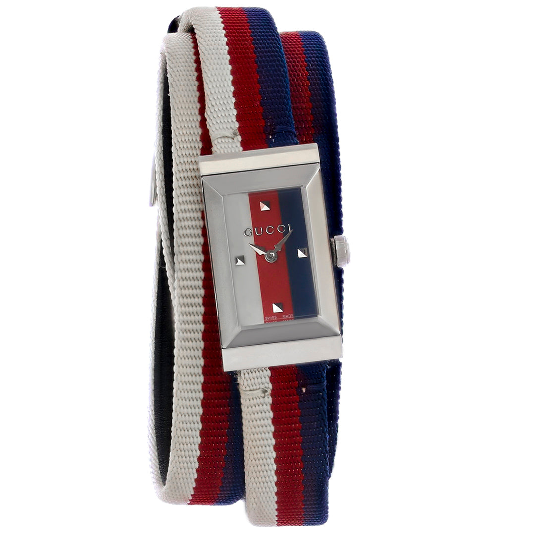 Gucci G-Frame Ladies White, Red, & Blue Dial Stainless Quatz Watch YA147502