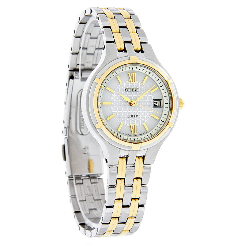 Seiko Solar Quartz Ladies White Dial Two Tone SS Dress Watch SUT020