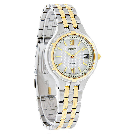 Seiko Solar Quartz Ladies White Dial Two Tone SS Dress Watch SUT020