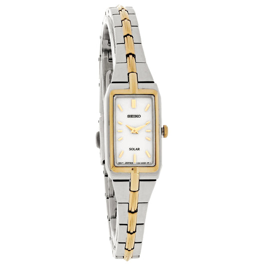 Seiko Solar Ladies White Dial Two Tone Bracelet Dress Watch SUP272
