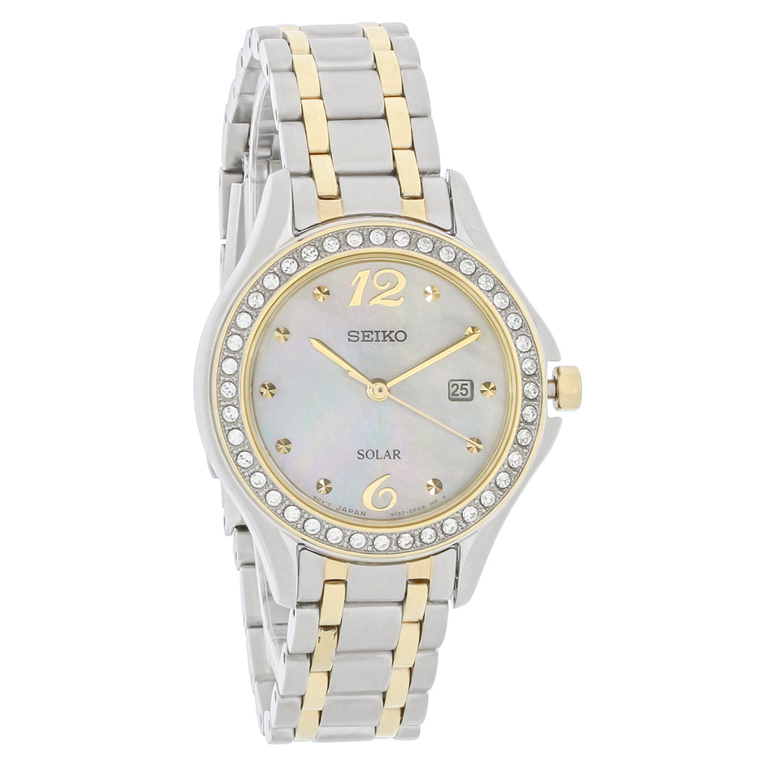 Seiko Ladies Crystal Two Tone MOP Dial Solar Quartz Watch SUT312