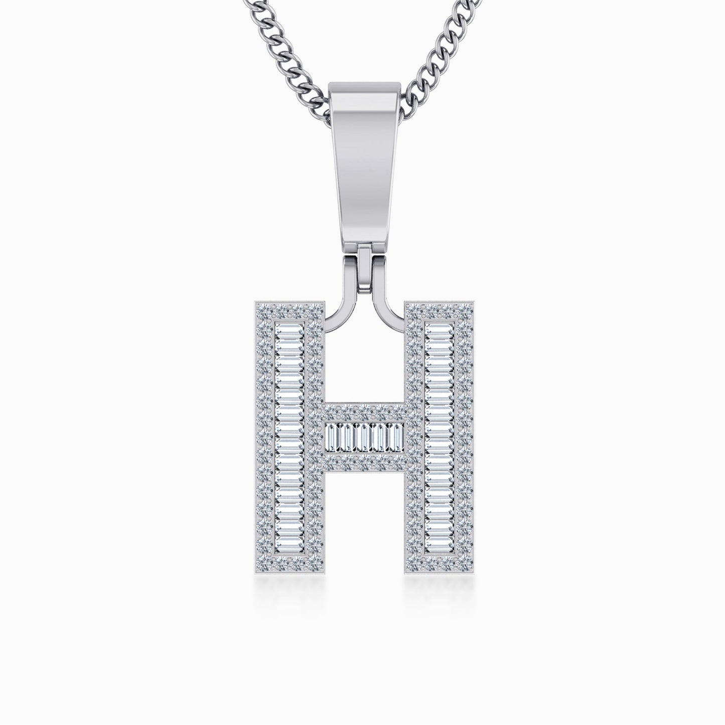 10K White Gold  Tw Baguette Initial H Pendant 3/8 Cttw