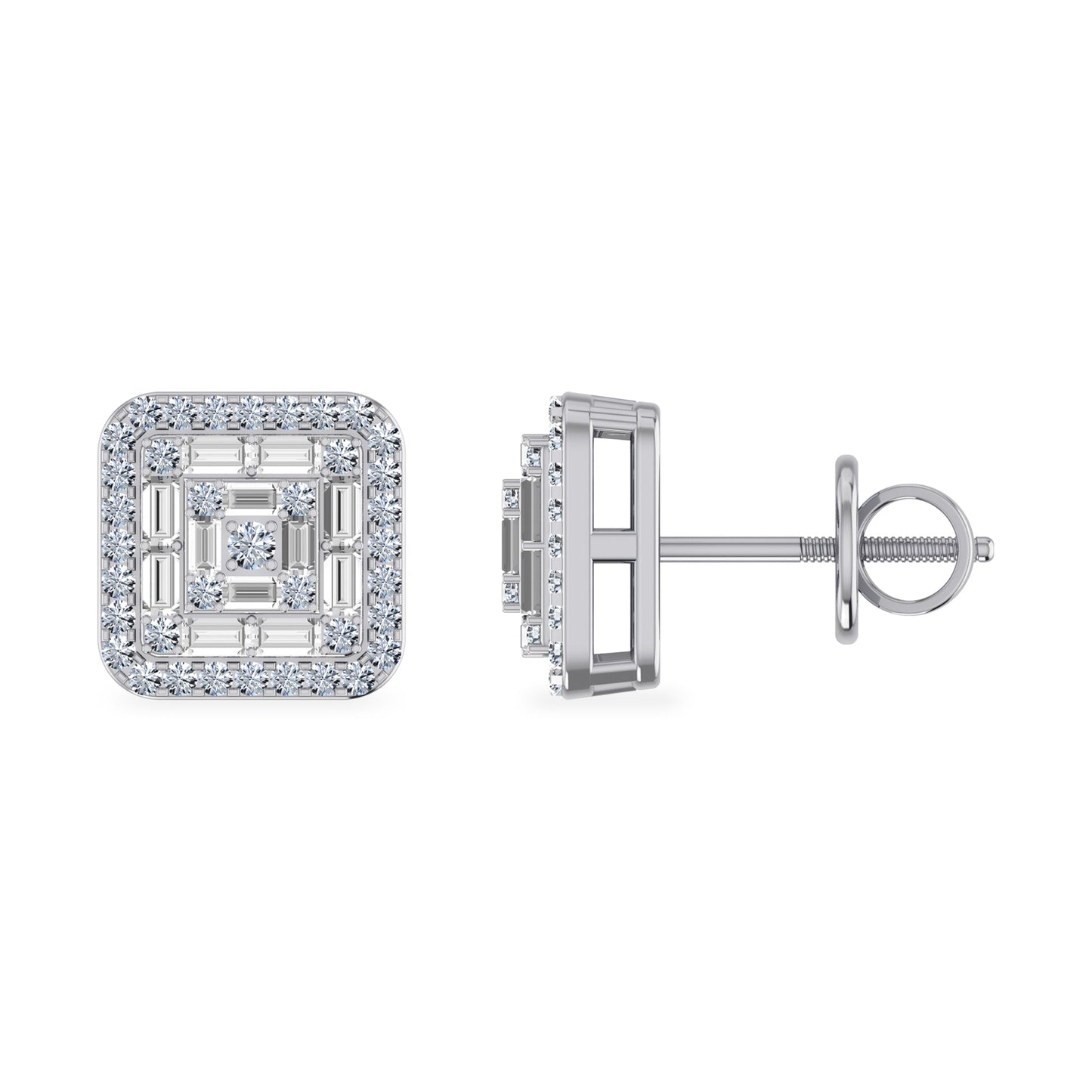 10K White Gold Round Baguette Diamond Square Shape Stud Earrings 3/8 Cttw