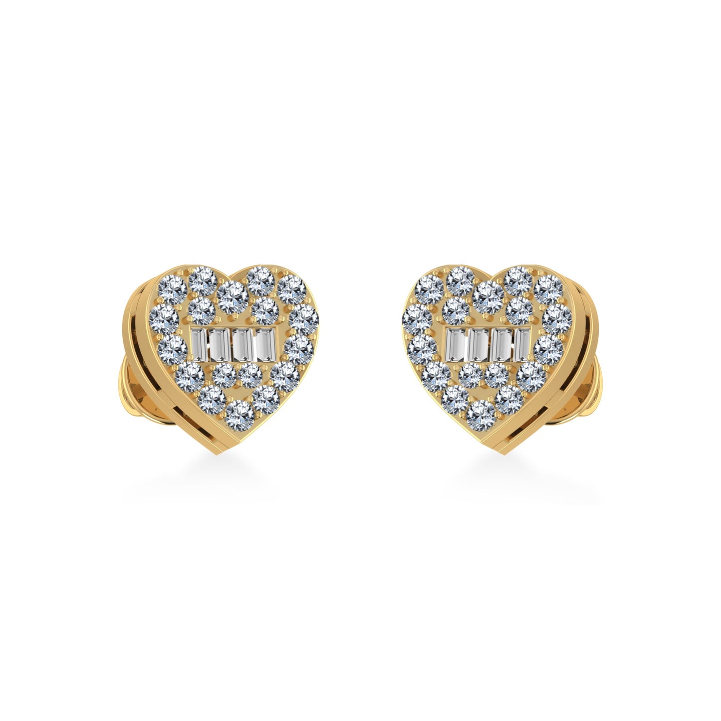 10K Yellow Gold Round Baguette Diamond Heart Shape Cluster Stud Earrings 1/5 Cttw