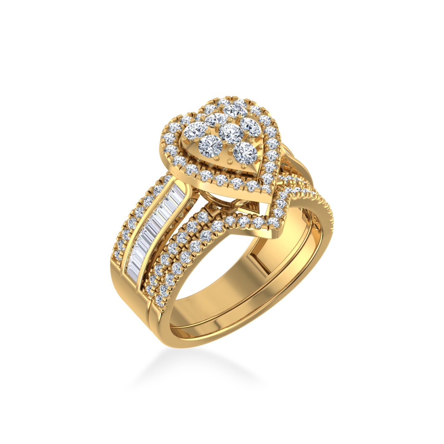 10K Yellow Gold Round Baguette Diamond Womens Heart Shape Designer Bridal Ring 1-1/6 Cttw