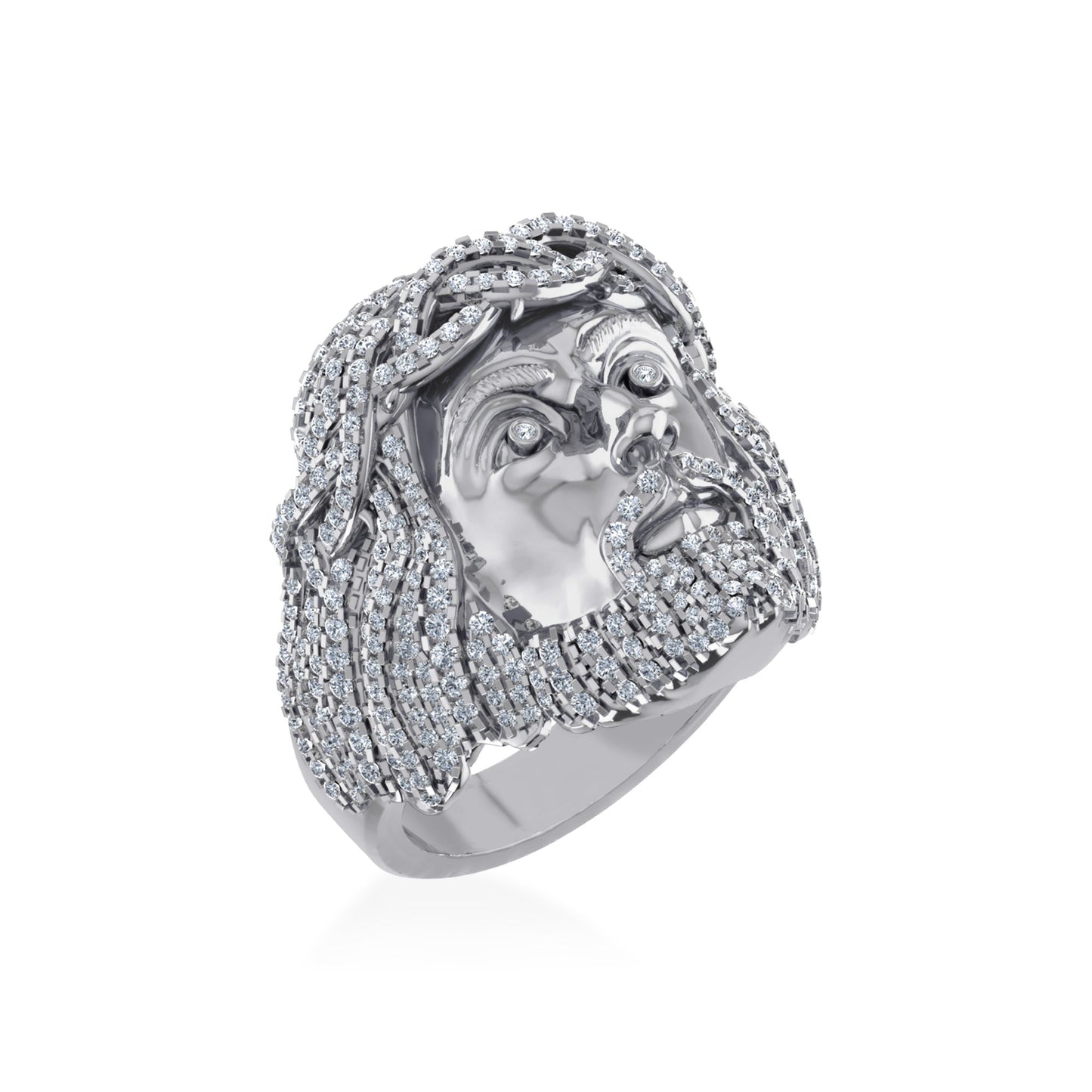 10K White Gold Round Diamond 3D Jesus Religious SZ 10 Mens Ring 2 Cttw