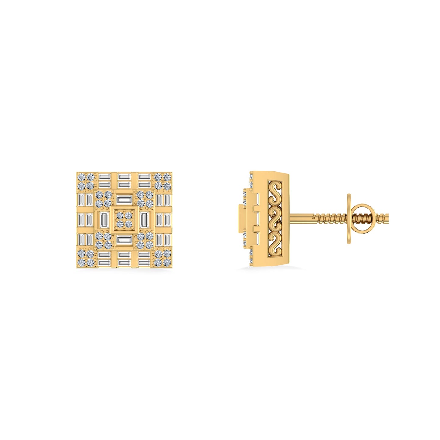 10K Yellow Gold Round Baguette Diamond Square Shape Designer Mens Stud Earring 3/8 Cttw