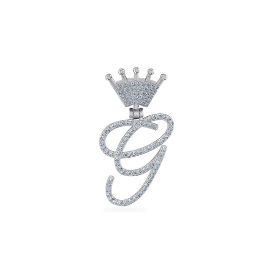 10K White Gold Round Diamond Crown G Letter Initial Pendant 1/5 Cttw