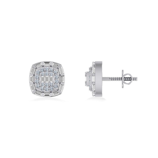 10K White Gold Round Baguette Diamond Square Designer Earring 1/2 Cttw