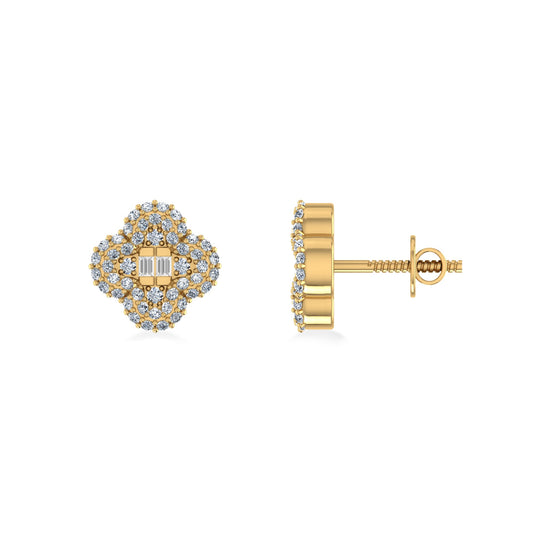 10K Yellow Gold Round Baguette Diamond Floral Designer Earring 1/3 Cttw