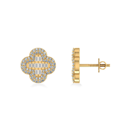 10K Yellow Gold Round Baguette Diamond Halo Floral Designer Earring 1/2 Cttw