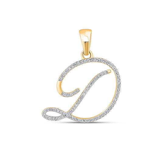 10K Yellow Gold Round Diamond D Letter Initial Pendant 1/6 Cttw