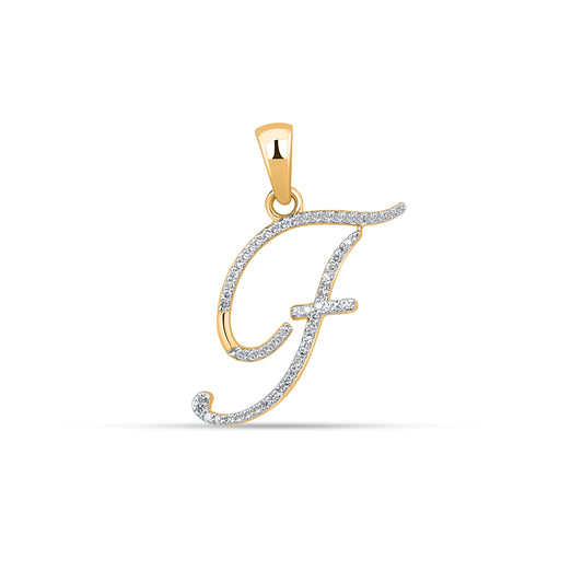 10K Yellow Gold Round Diamond F Letter Initial Pendant 1/10 Cttw