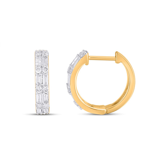 10K Yellow Gold Round Baguette Diamond Designer Hoop Earring 1/3 Cttw