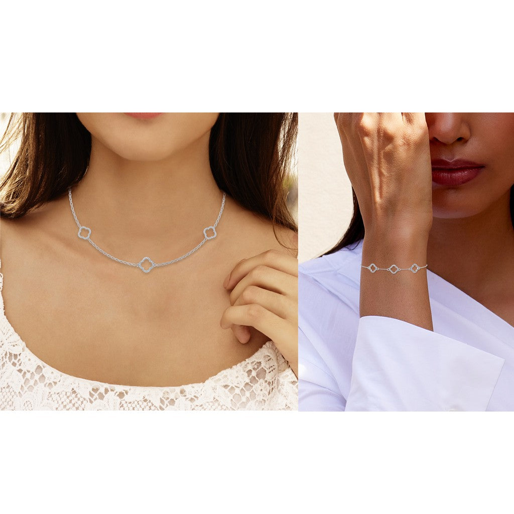 14K White Gold Round Link Necklace Bracelet Set 1-1/6 Cttw