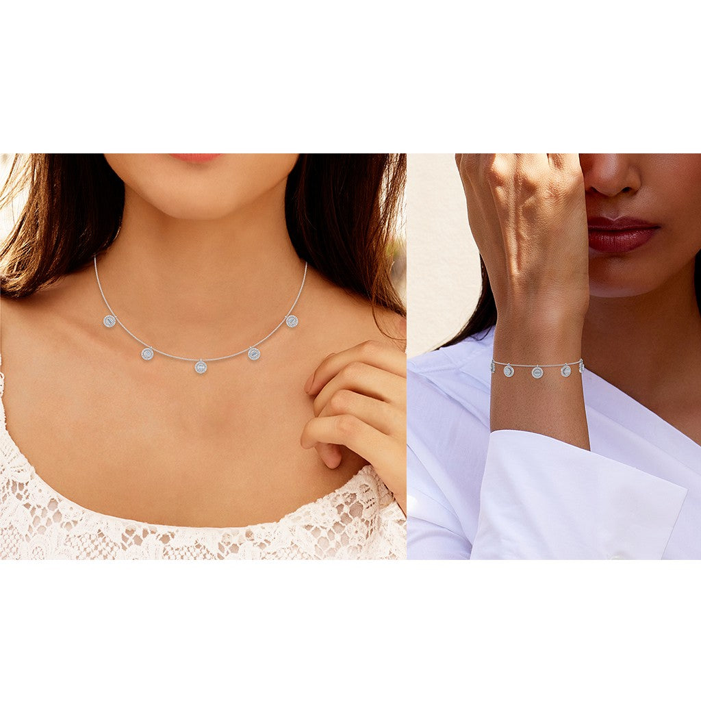 14K White Gold Baguette Round Necklace Bracelet Set 1 Cttw