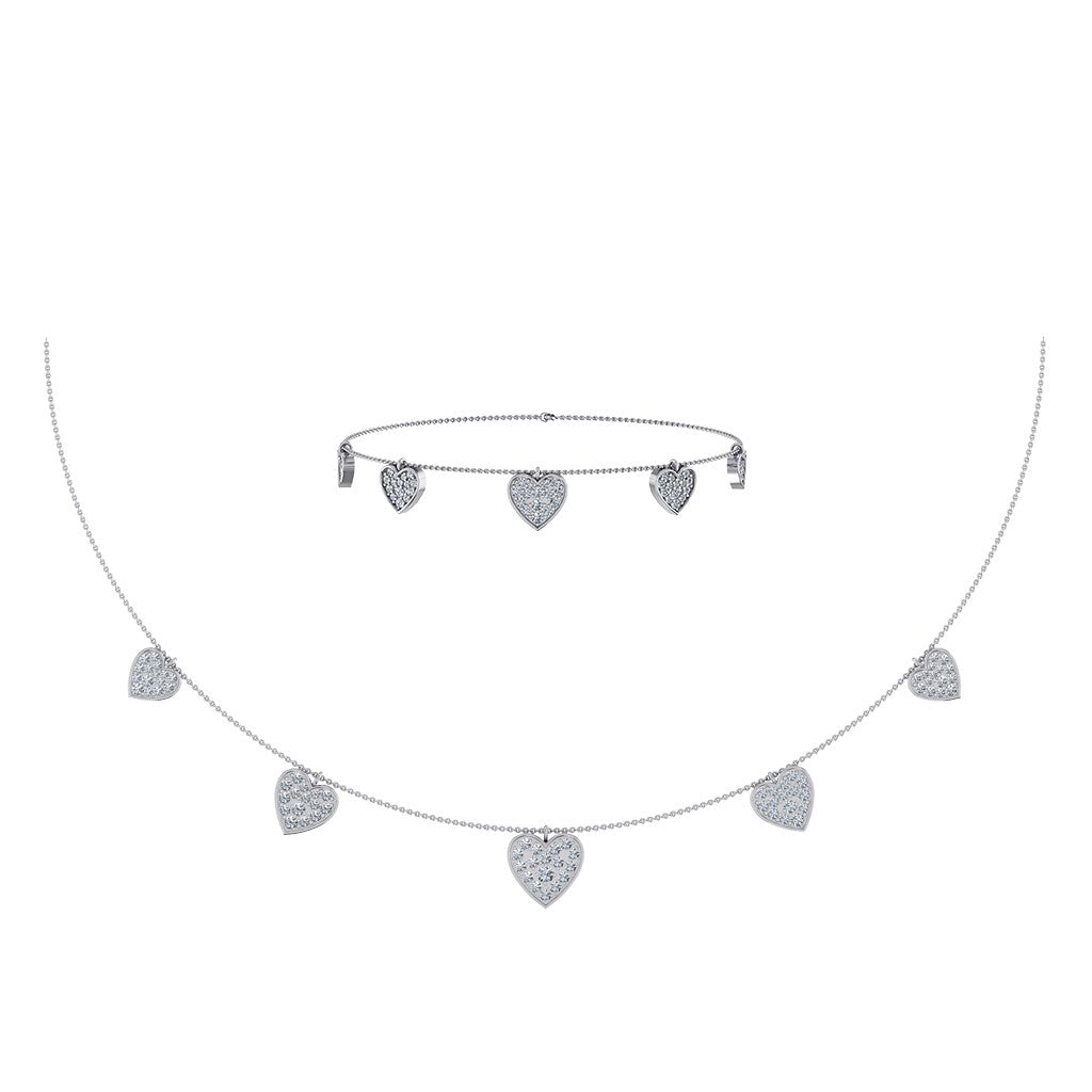 14K White Gold Heart Necklace Bracelet Set 1-3/4 Cttw