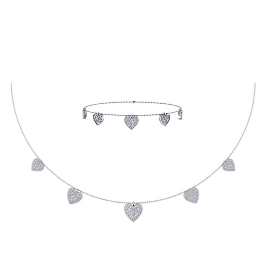 14K White Gold Heart Necklace Bracelet Set 1-3/4 Cttw