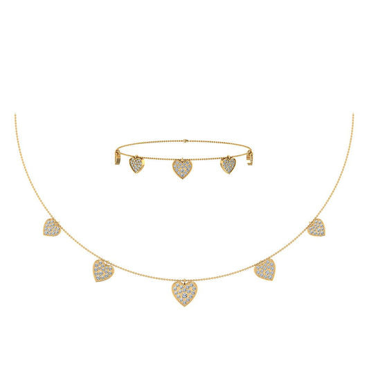 14K Yellow Gold Heart Necklace Bracelet Set 1-3/4 Cttw