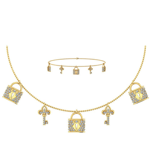 14K Yellow Gold Lock & Key Necklace Bracelet Set 5/8 Cttw