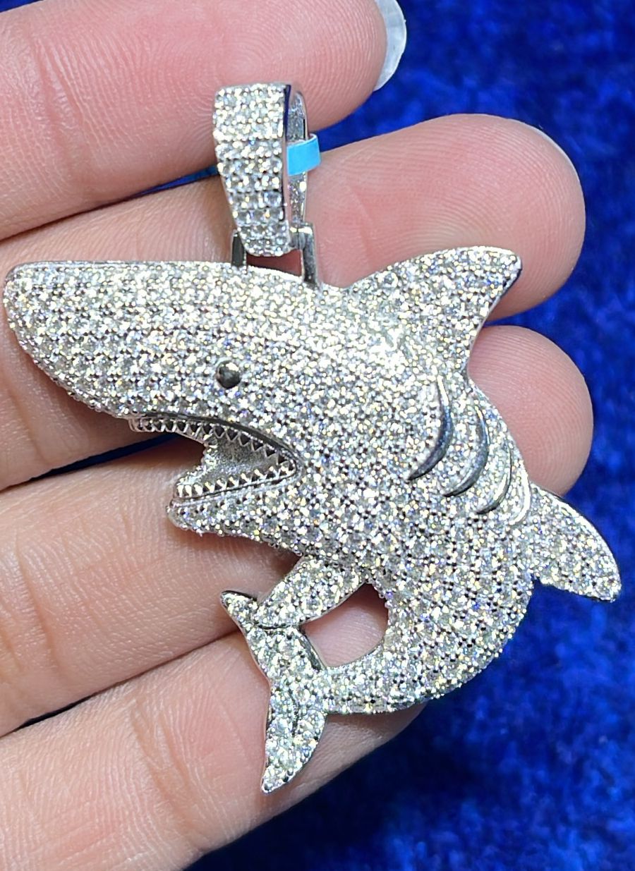 S.Silver Moissanite Shark Fish Animal Pendant RP 3-7/8 Cttw
