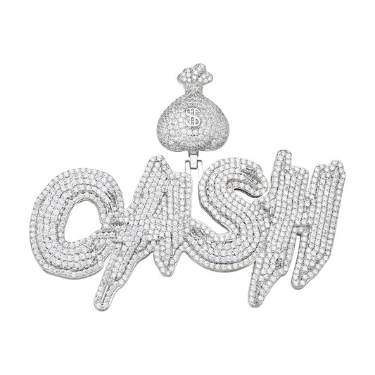 S.Silver Round Moissanite CASH Word Designer Pendant RP 7-1/2 Cttw