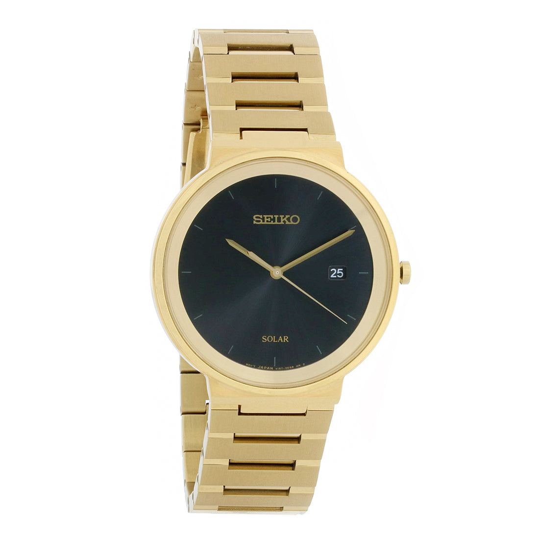 Seiko Solar Mens Black Dial Gold Plated Stainless Steel Watch SNE482