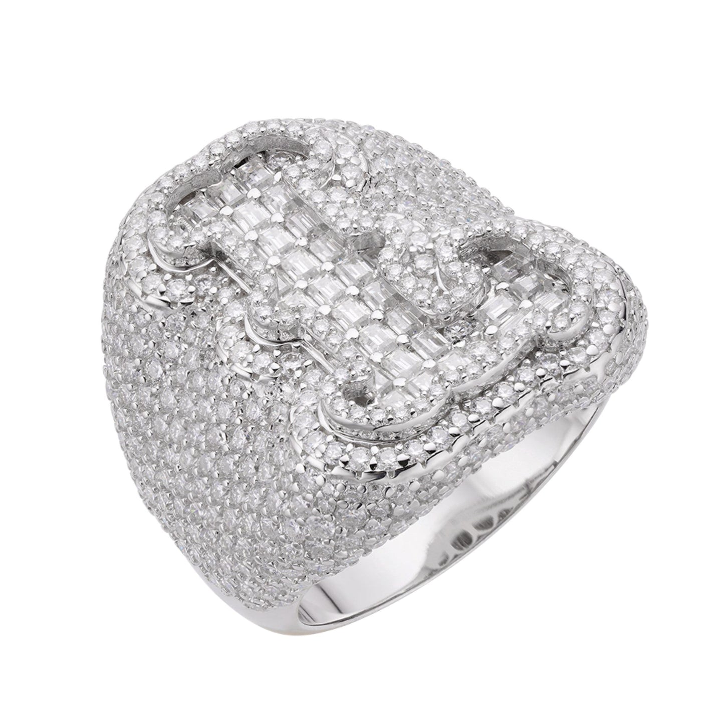 S.Silver Round Baugette Moissanite Albhabet L letter Initial SZ 10 Mens Ring RP 6-5/8 Cttw