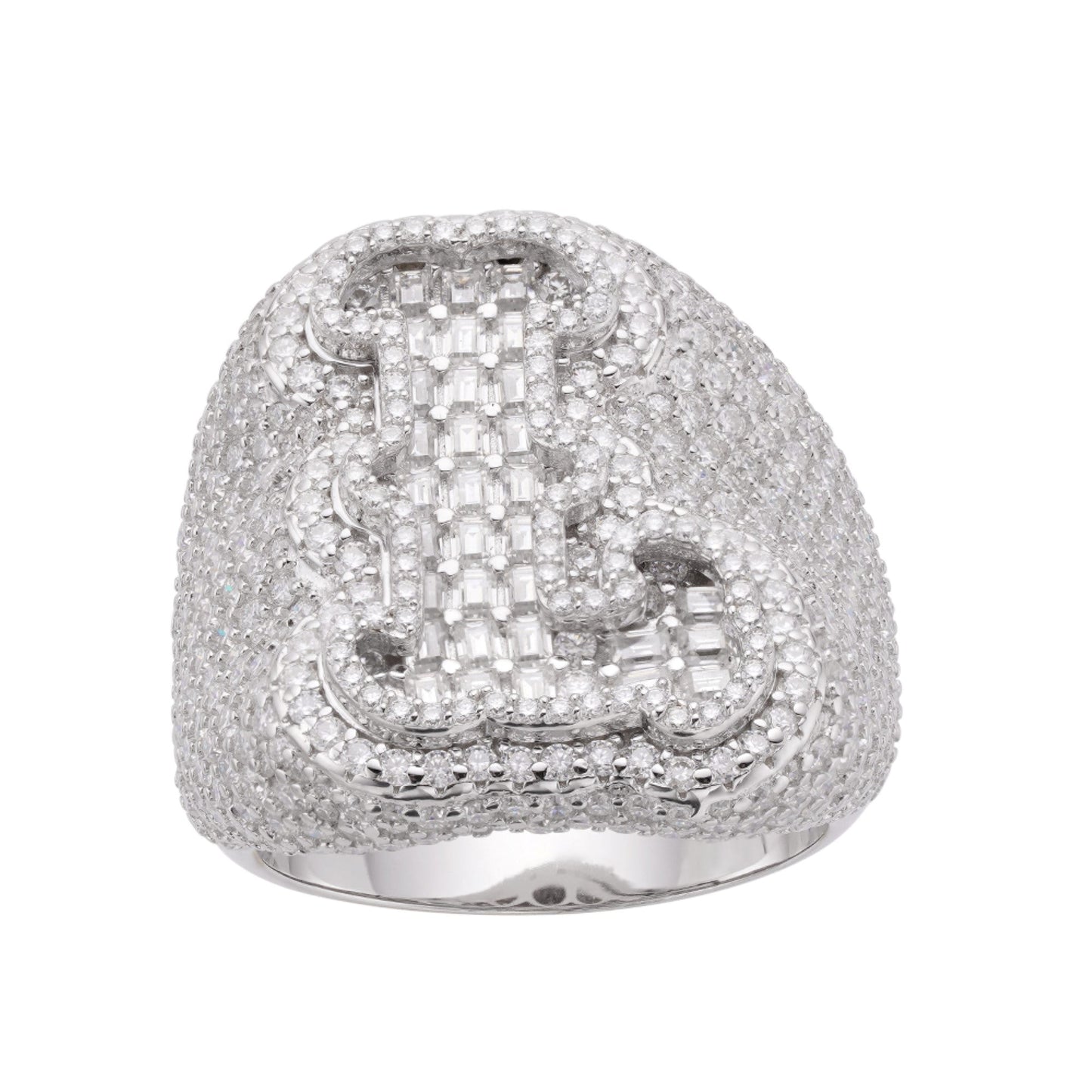 S.Silver Round Baugette Moissanite Albhabet L letter Initial SZ 10 Mens Ring RP 6-5/8 Cttw